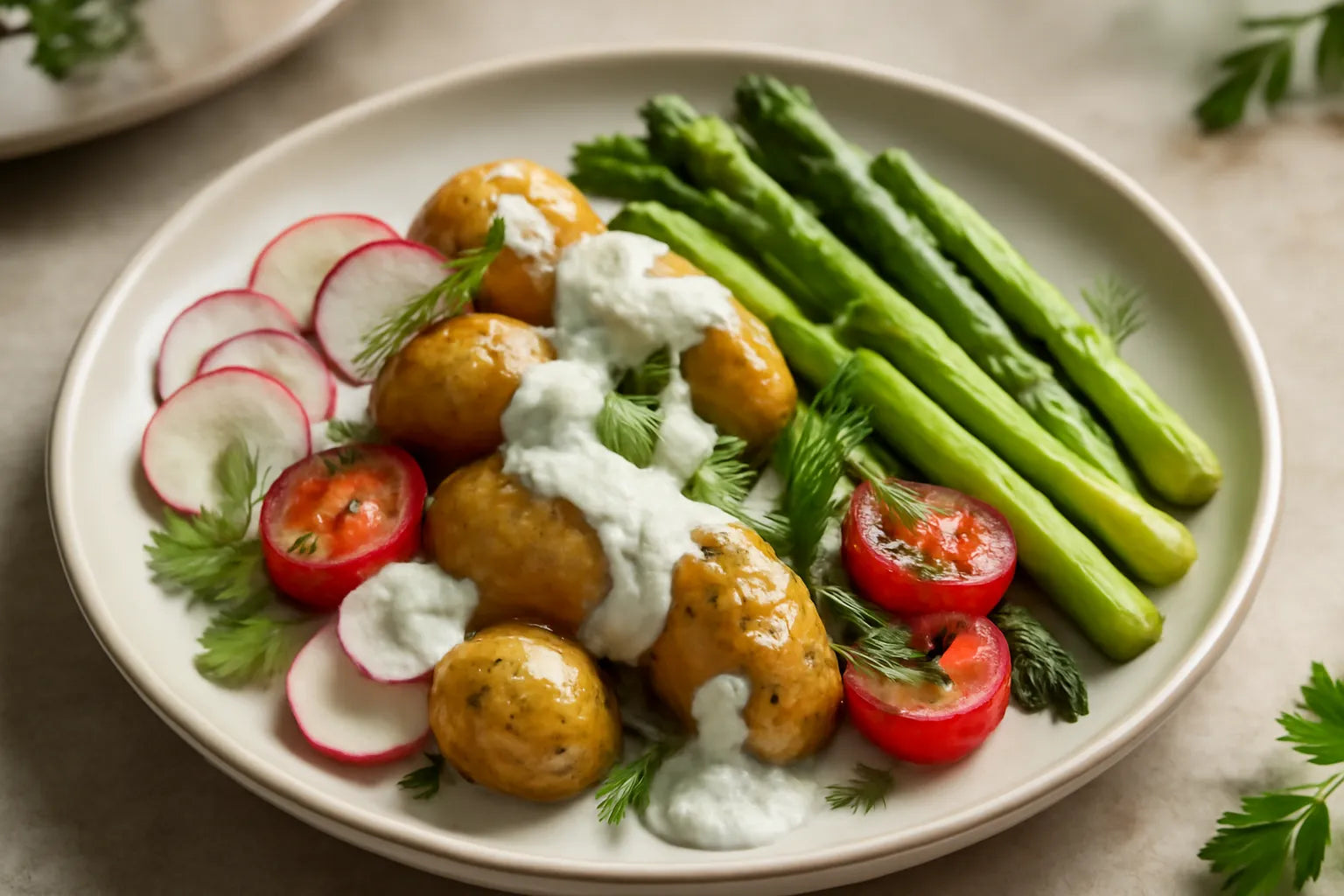 Asperge-aardappelkom met yoghurt-dressing