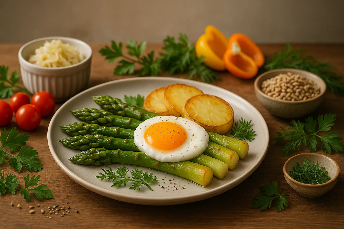 Asparagus with egg and potato