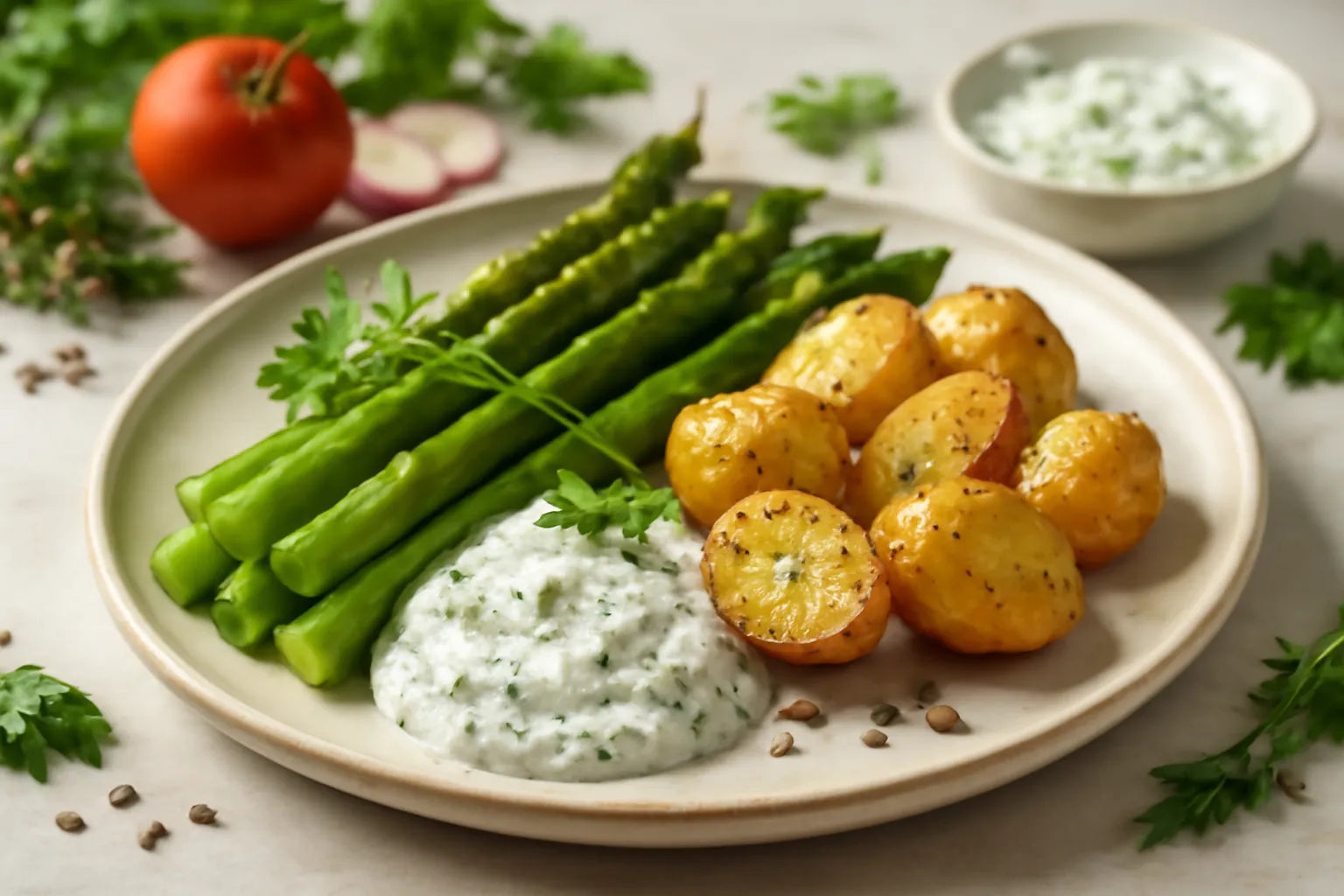Asparagus with potatoes and herb quark