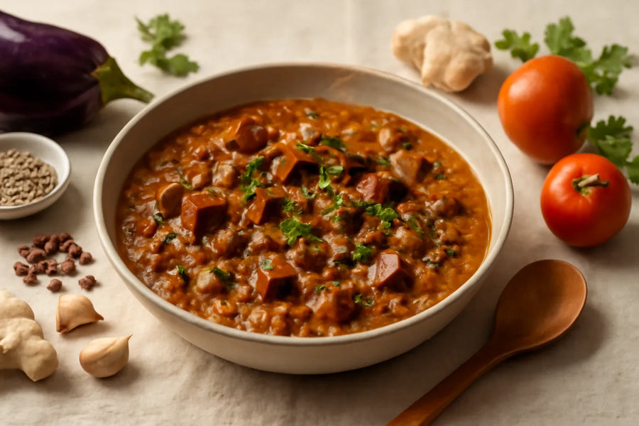 Aubergine Adzuki Bean Dal with Fennel Seed