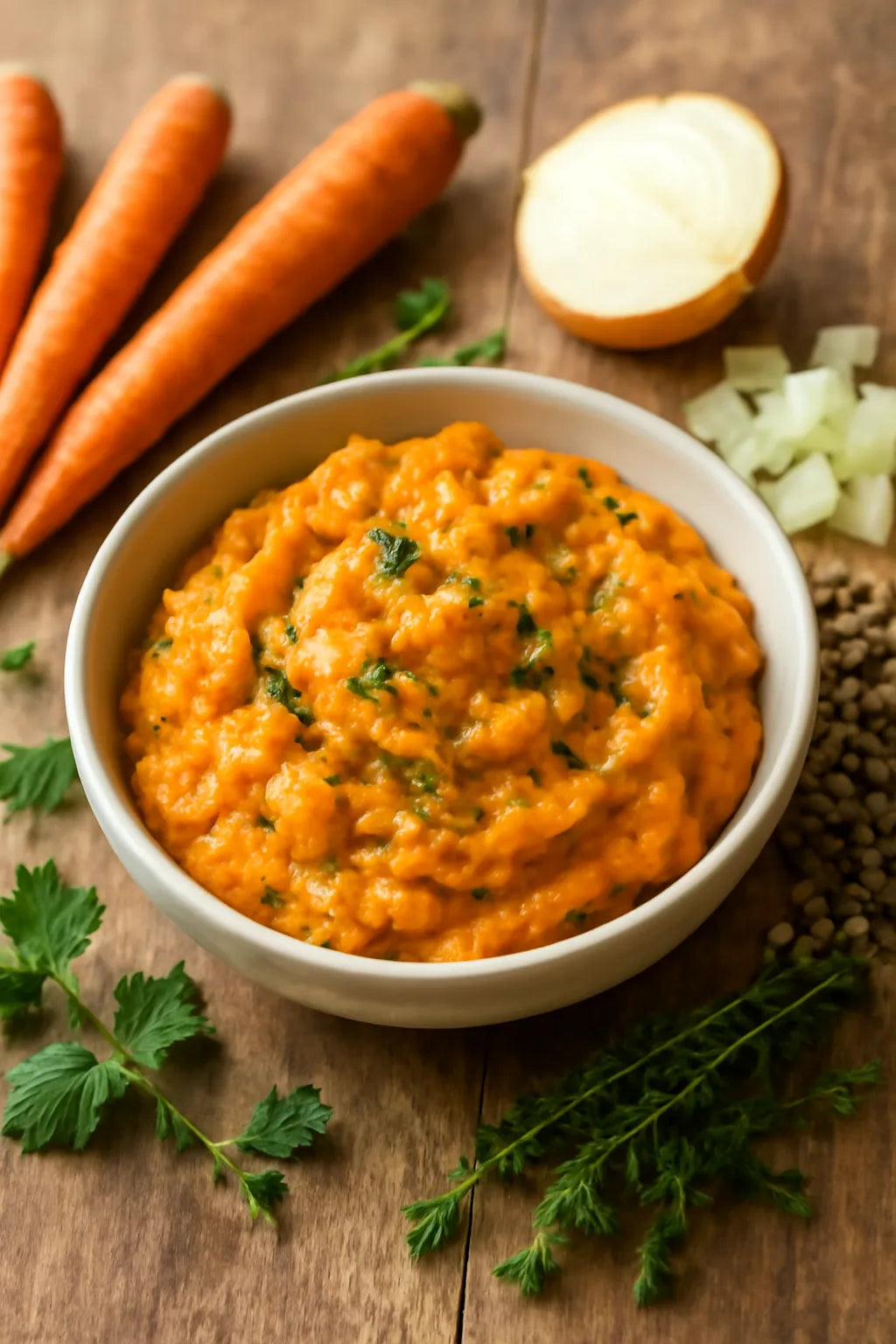 Autumn carrot and onion mash with lentils
