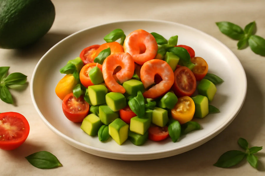 Avocado salad with shrimp and tomato