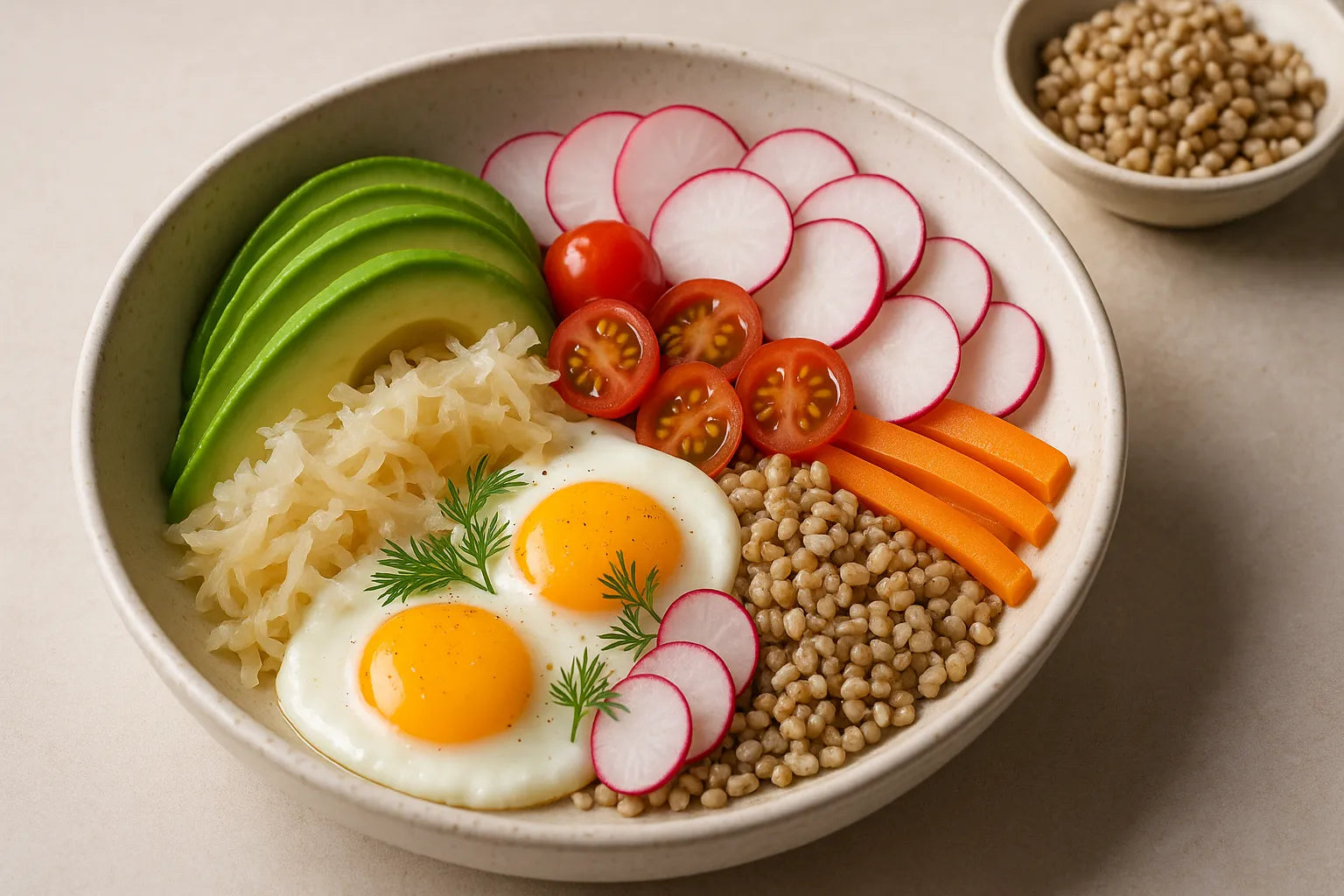 Tazón de desayuno de aguacate, chucrut y huevo