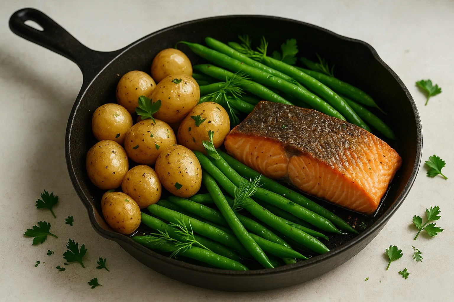 Baby potatoes with green beans and salmon