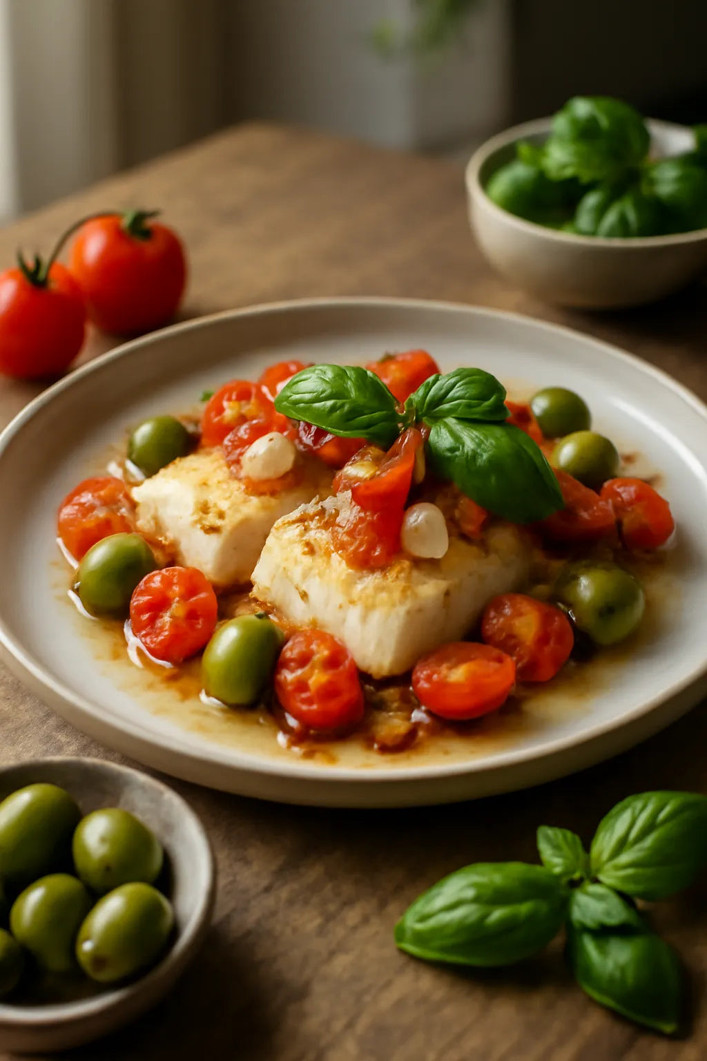 Baked cod with tomatoes and olives