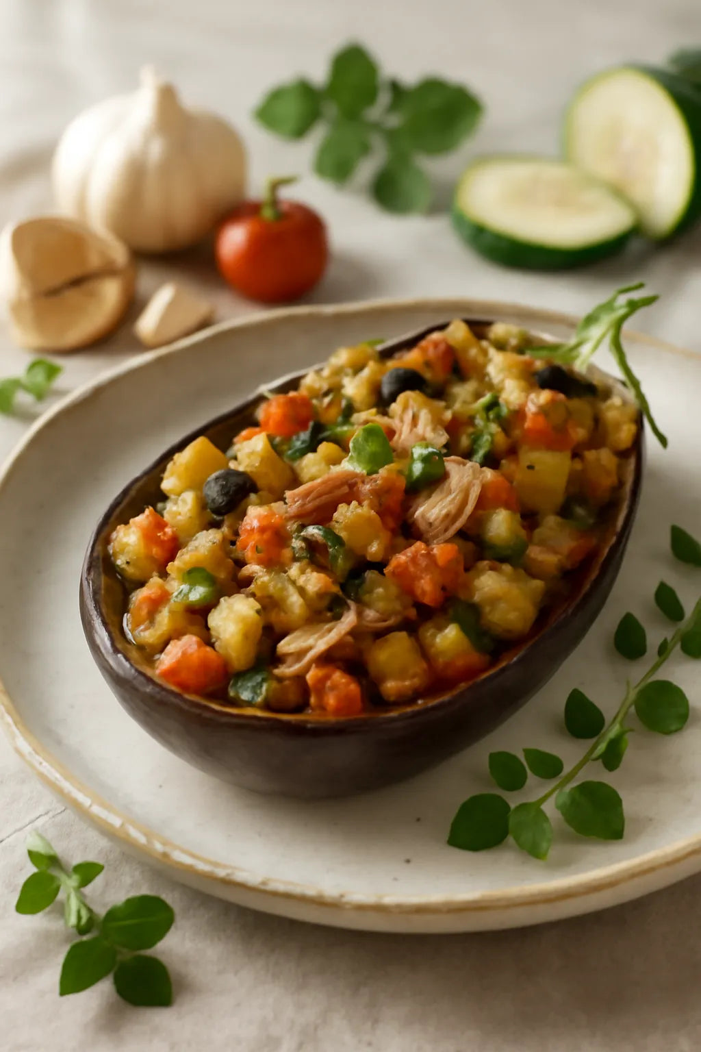 Geroosterde aubergine met tonijn en groenten
