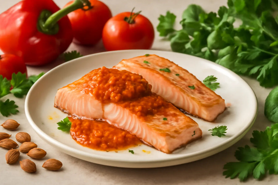 Baked salmon with romesco sauce