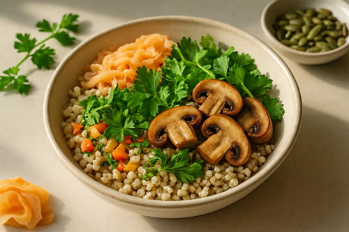 Gersten-Bowl mit Pilzen und Kräutern