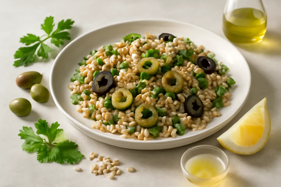 Ensalada de cebada con atún y aceitunas