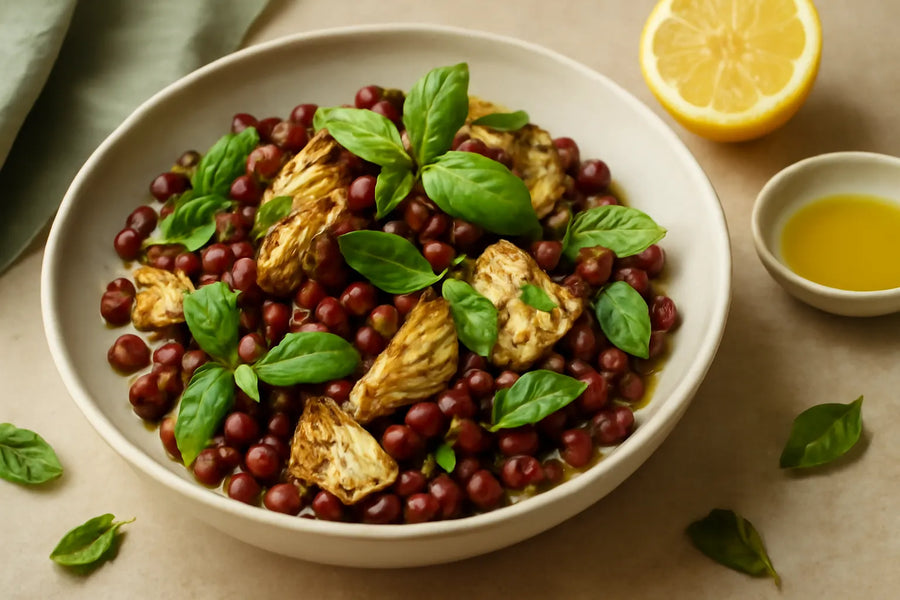 Ensalada de frijoles adzuki con albahaca y alcachofa a la parrilla