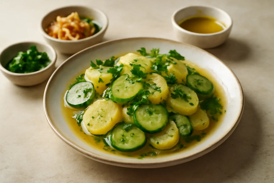 Bavarian potato salad with cucumber and broth