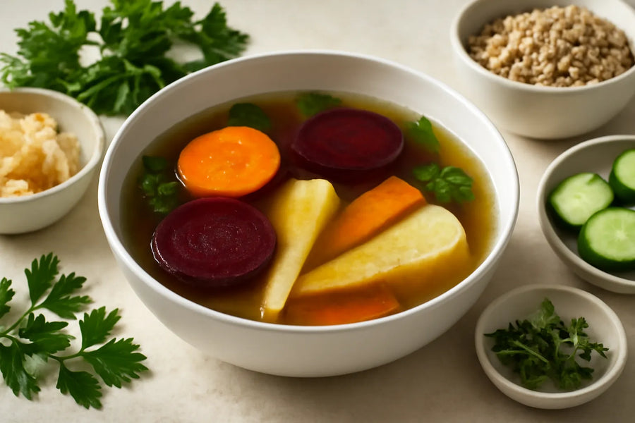 Beef broth with root vegetables