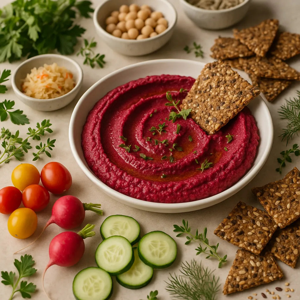 Beetroot Hummus with Seed Crackers