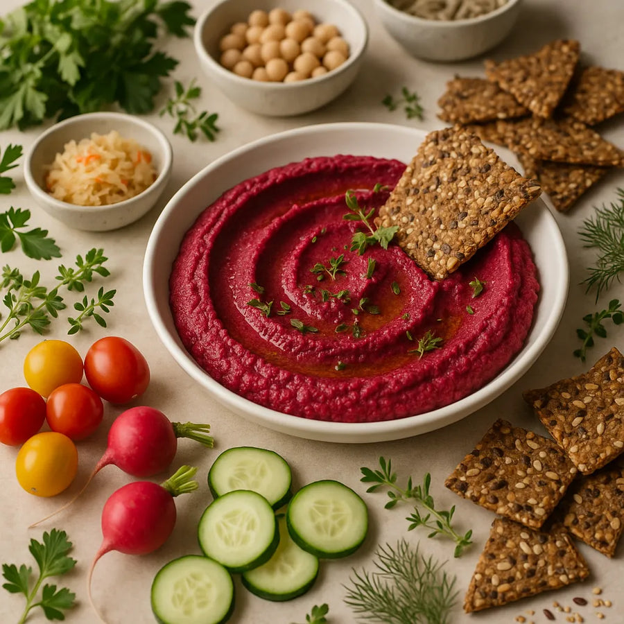 Beetroot Hummus with Seed Crackers