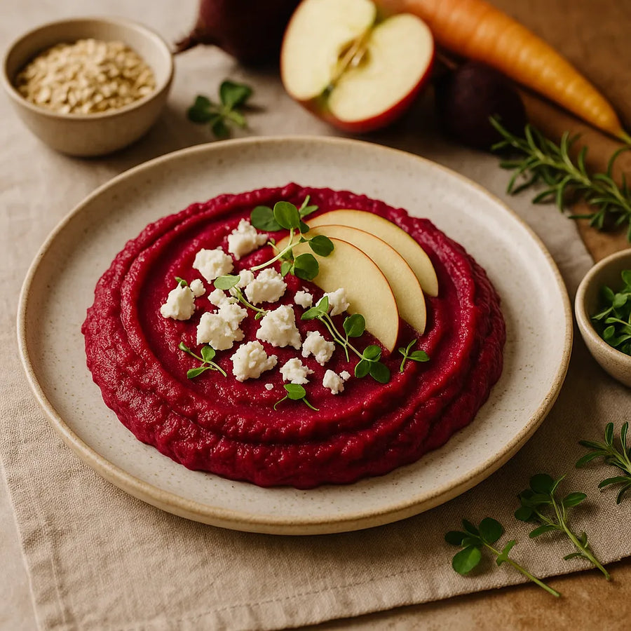 Puré de remolacha con manzana y queso de cabra