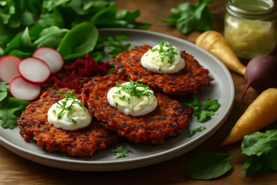 Beetroot potato pancakes with horseradish quark