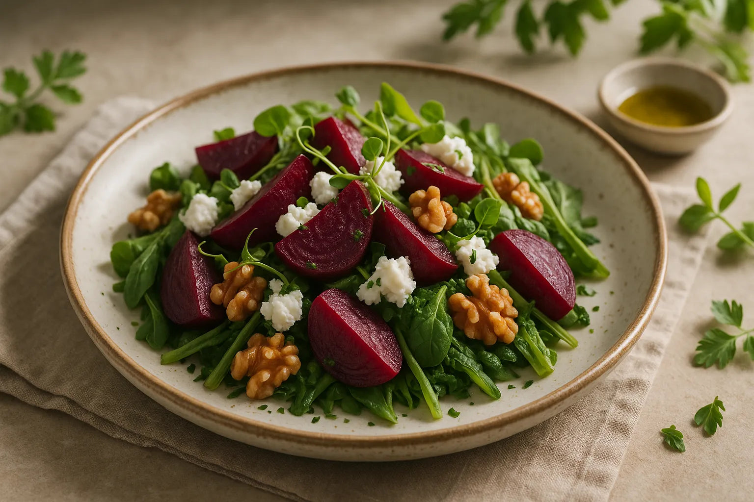 Beetroot salad with goat cheese and walnuts