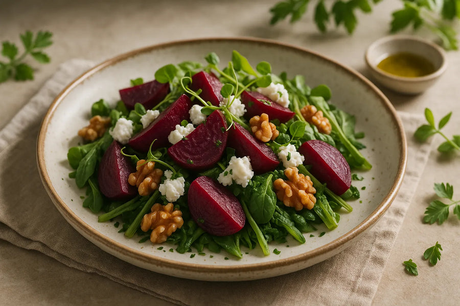 Ensalada de remolacha con queso de cabra y nueces