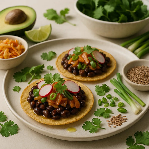 Tostadas al kimchi con fagioli neri
