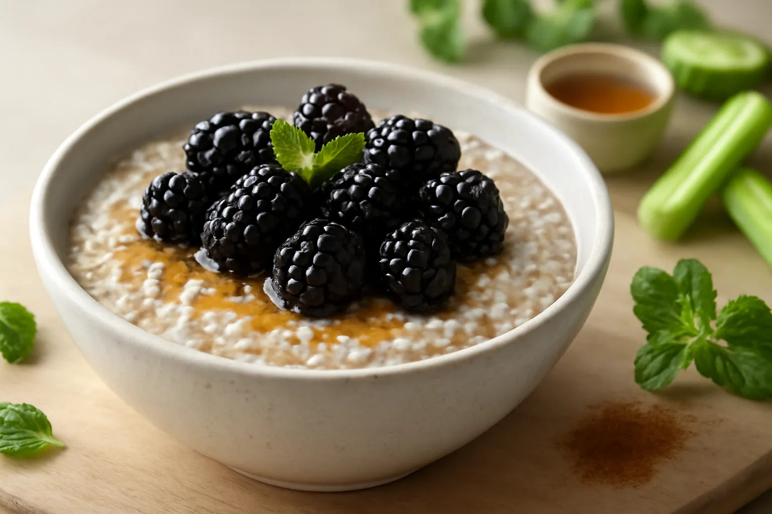 Bol de desayuno de mora y chía con salvado de avena