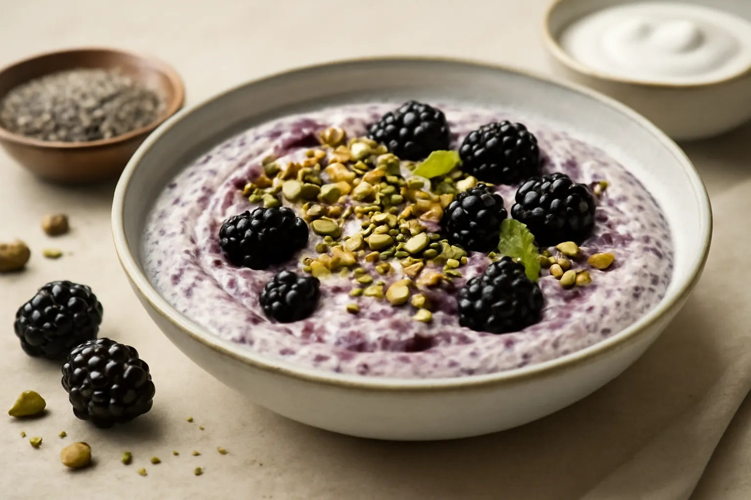 Pudin de yogur, chía, moras y pistachos