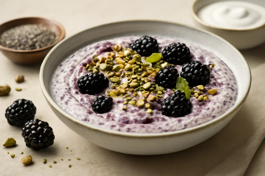 Pudin de yogur, chía, moras y pistachos