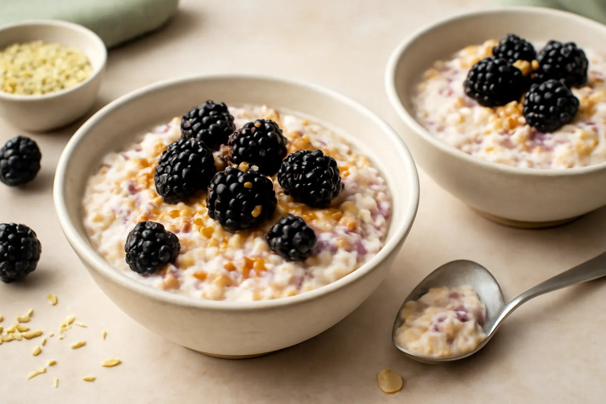 Bircher muesli con more e sesamo