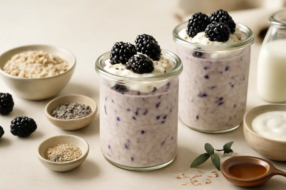 Overnight oats al kefir con more e sesamo