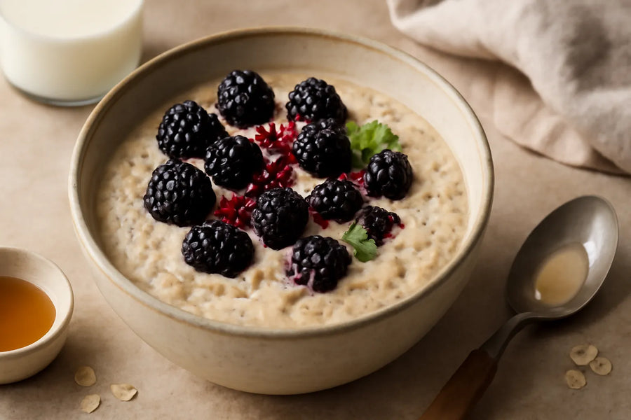 Bircher muesli de moras y tahini