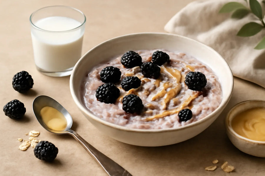Avena nocturna de kéfir con moras y tahini