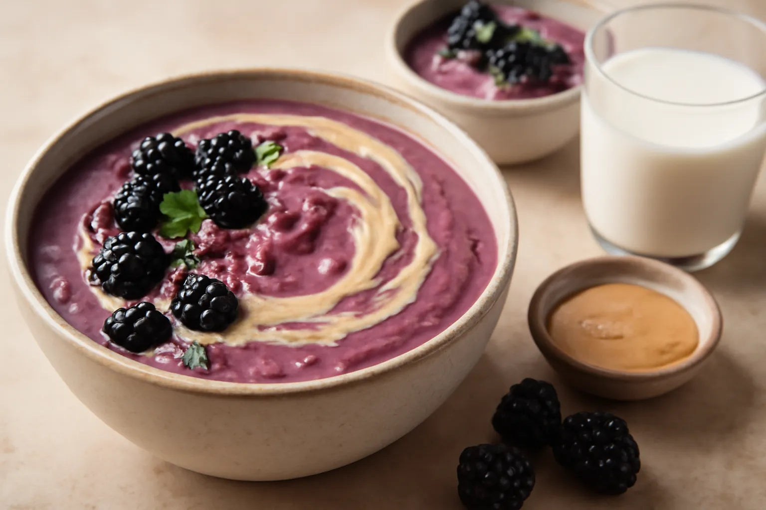 Smoothie bowl de kéfir con moras y tahini