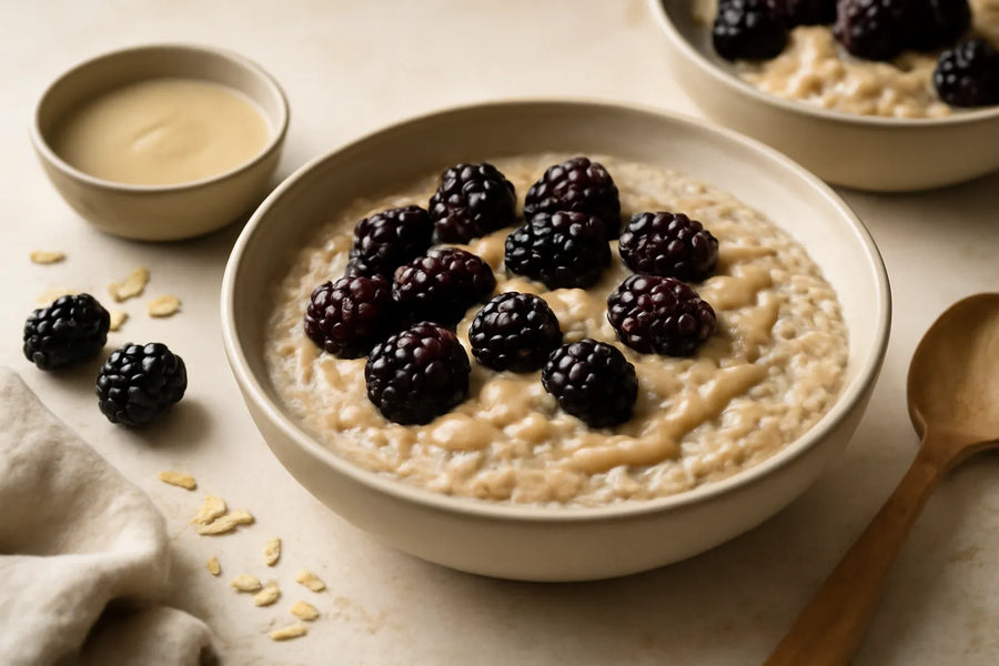 Bol de desayuno de salvado de avena con moras y tahini