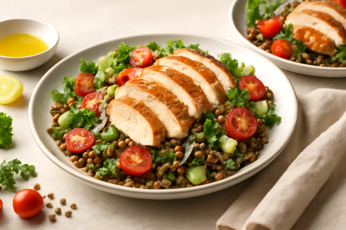 Insalata di pollo e lenticchie adatta a chi tiene sotto controllo la glicemia