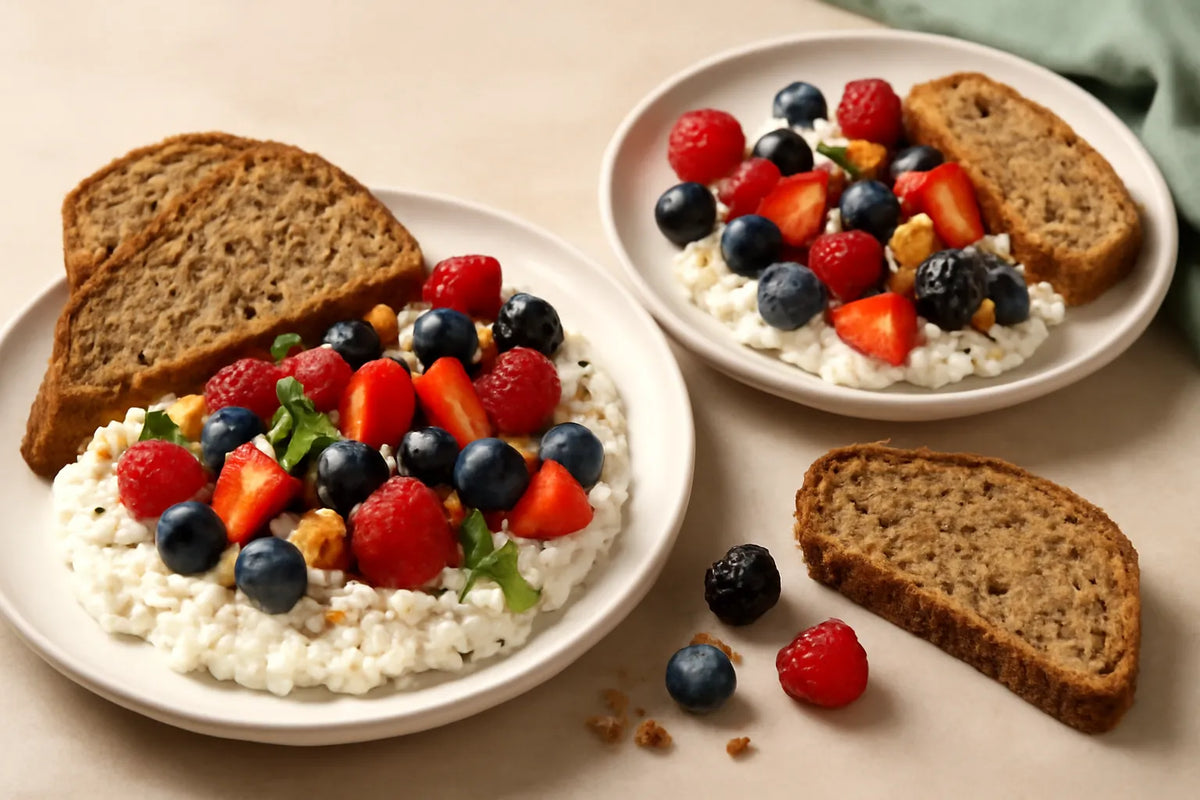 Piatto per pranzo con fiocchi di latte e frutti di bosco, adatto a un’alimentazione attenta alla glicemia