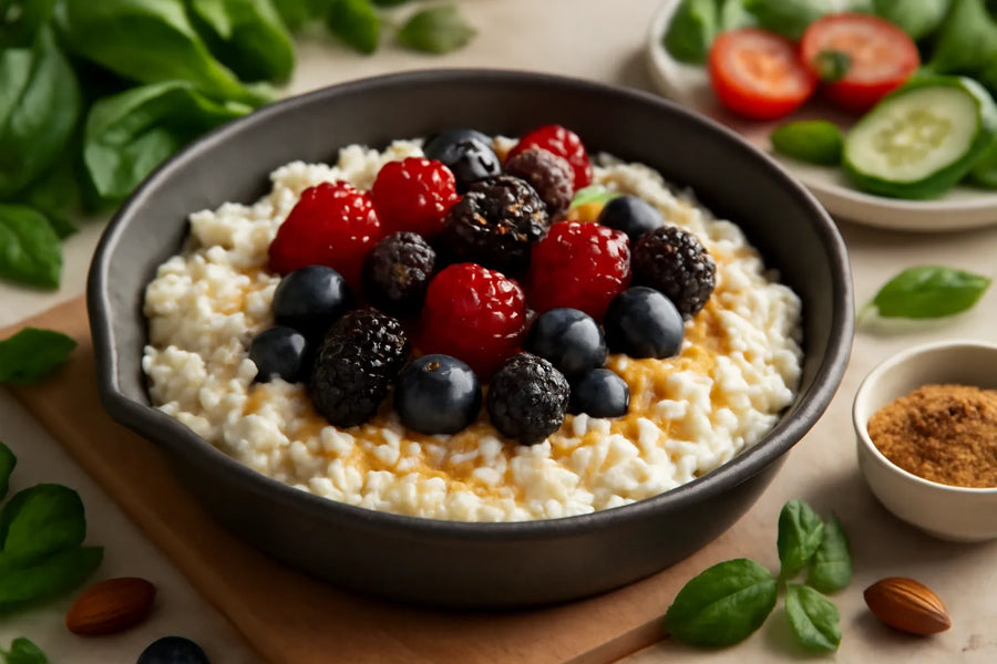Bloedsuikervriendelijke cottage cheese met bosbessen skillet