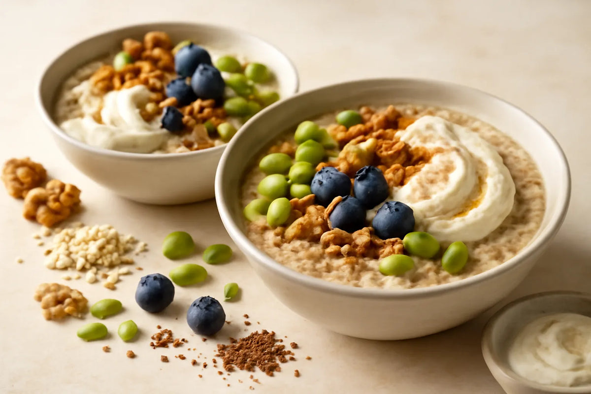 Bowl per la colazione con edamame e grano saraceno, adatto a un'alimentazione attenta alla glicemia