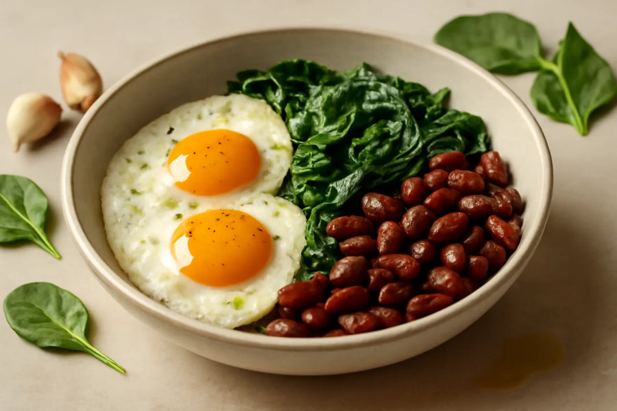 Cuenco de cena apto para la glucosa con huevo, espinacas y frijoles