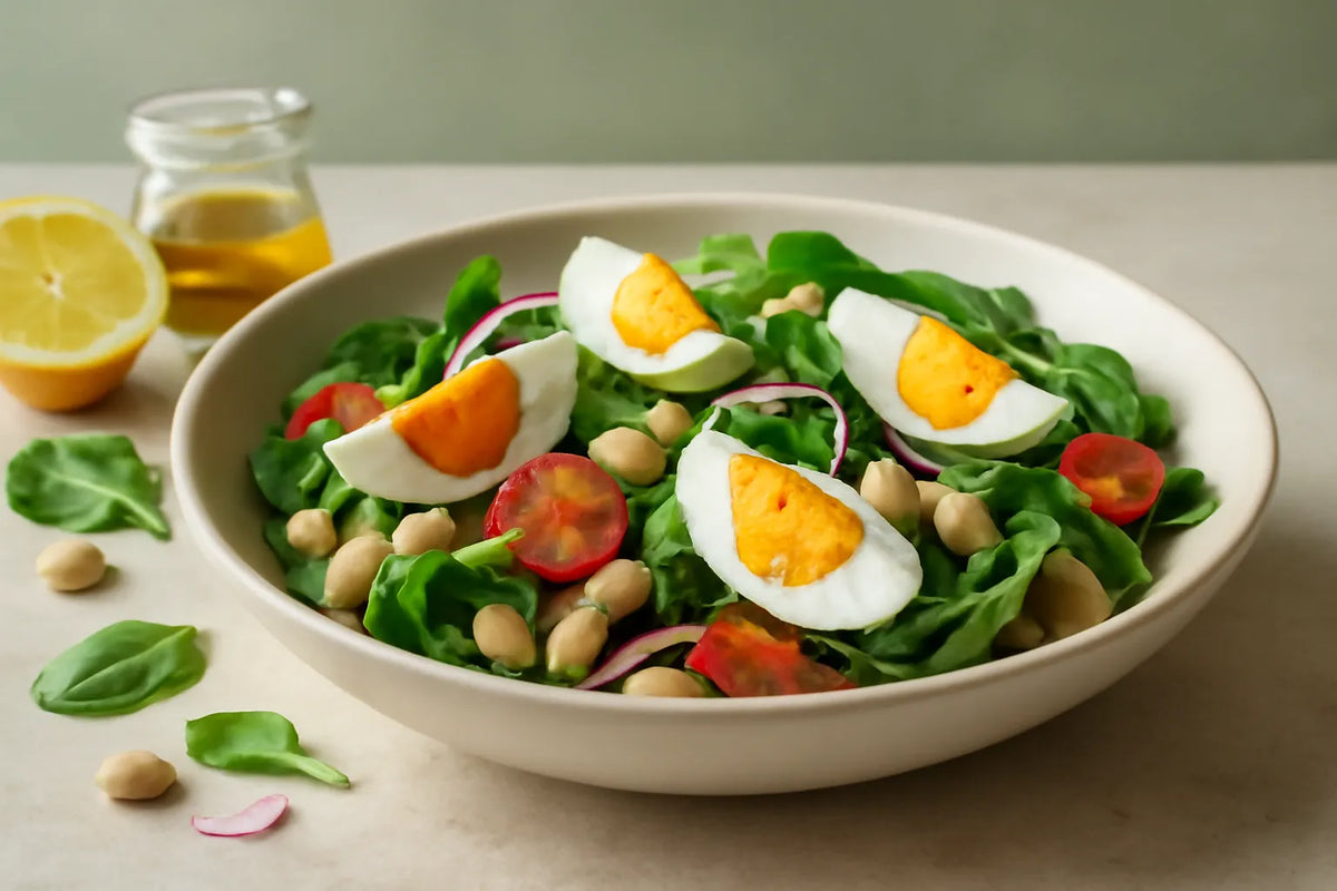 Insalata di uova, spinaci e fagioli adatta a chi presta attenzione alla glicemia