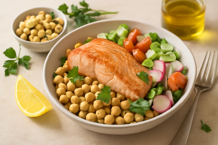 Tazón de desayuno con salmón y garbanzos amigable para la glucosa