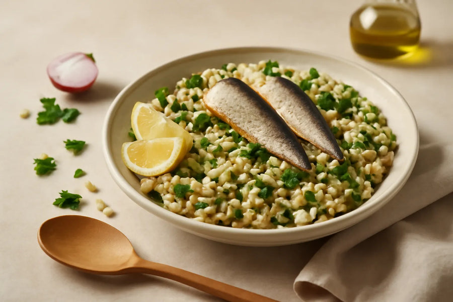 Ensalada de cebada y sardinas apta para la glucemia