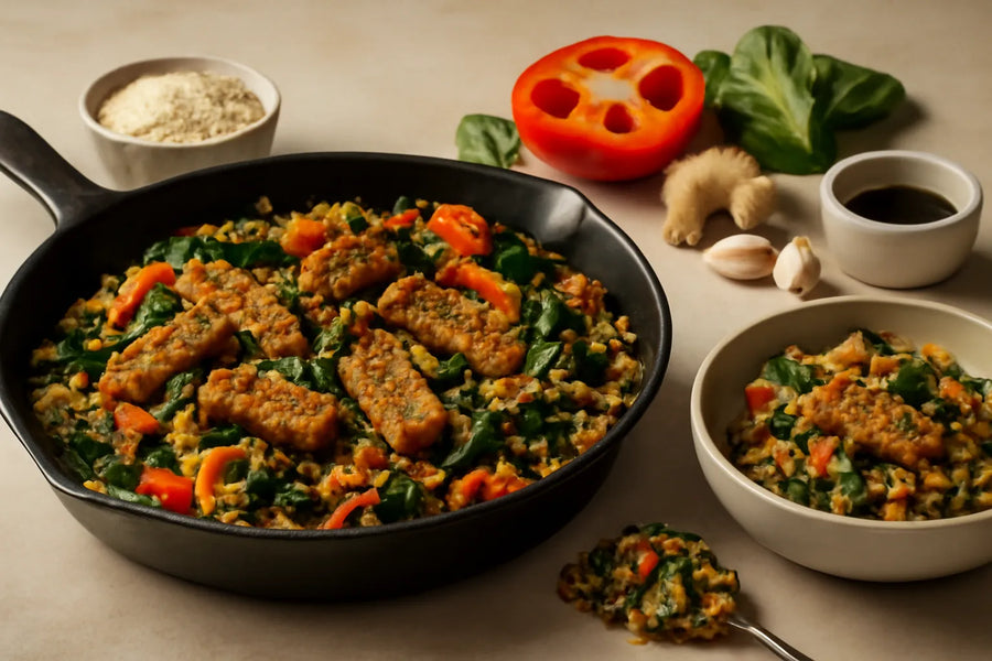Salteado de tempeh y quinoa apto para el control de la glucemia