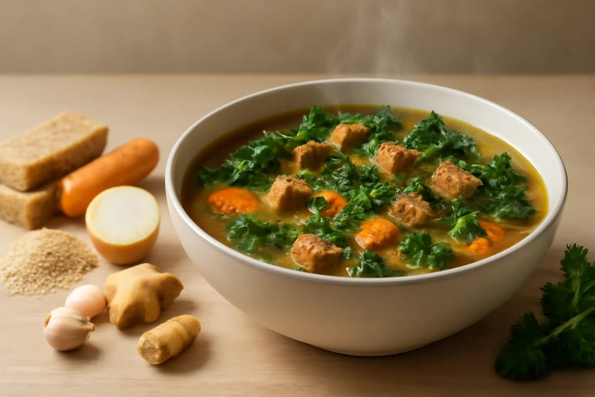 Zuppa di tempeh e quinoa adatta alla glicemia