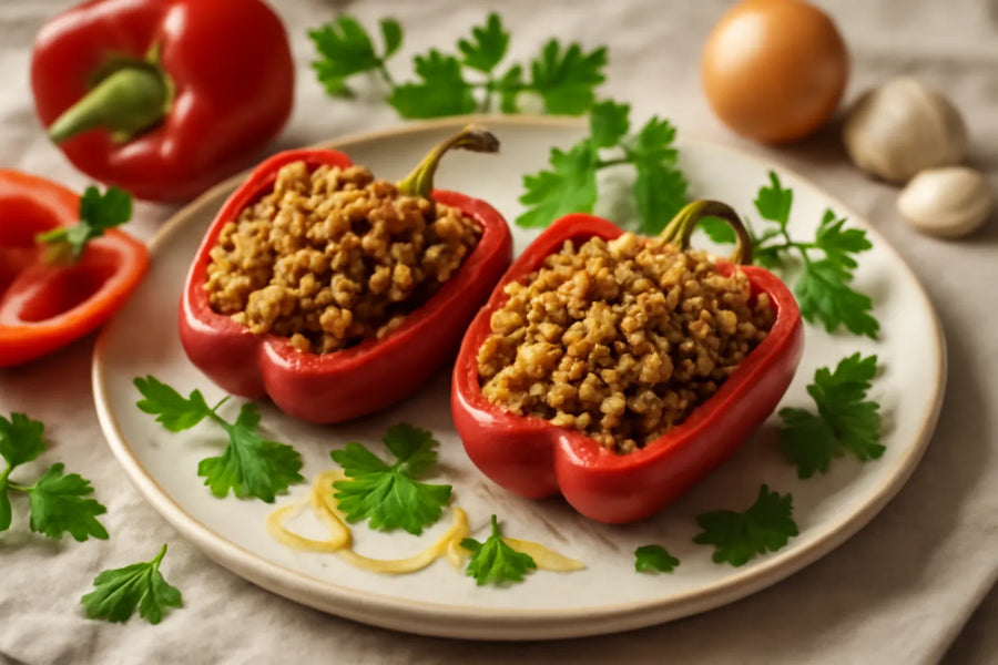 Pimiento relleno con tempeh y quinoa amigable para la glucosa
