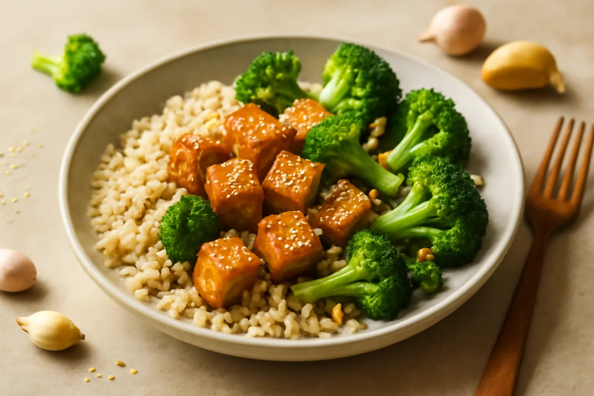 Piatto per pranzo con tofu e broccoli adatto alla glicemia