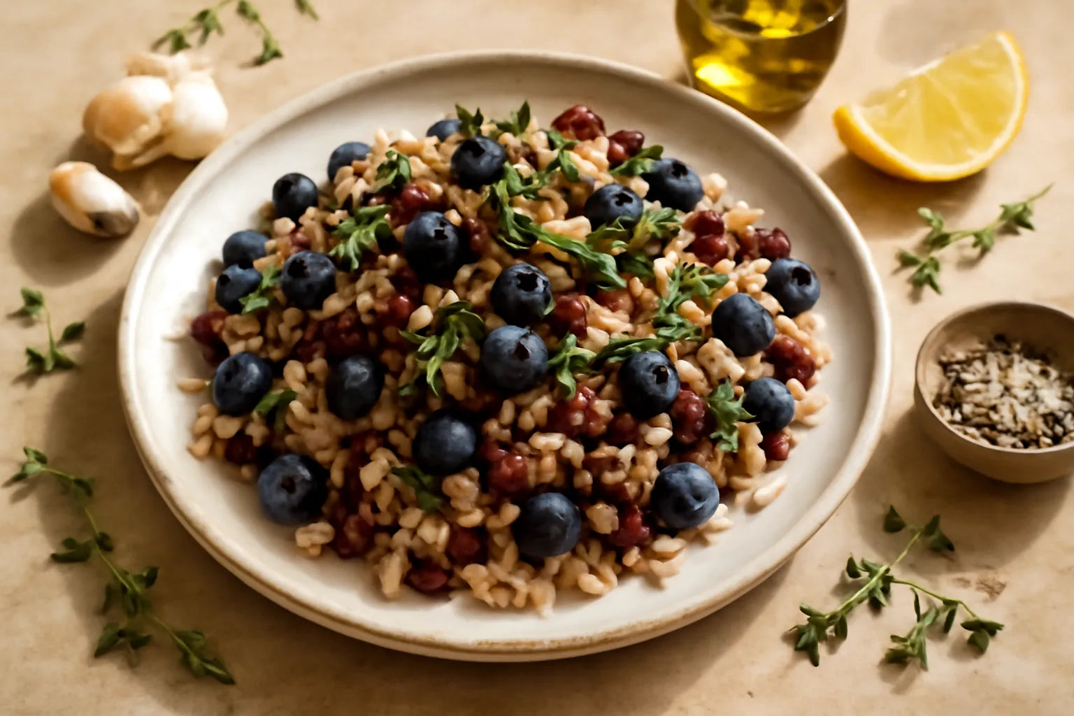 Salade de myrtilles, azuki et riz brun avec une vinaigrette au citron et à l’ail