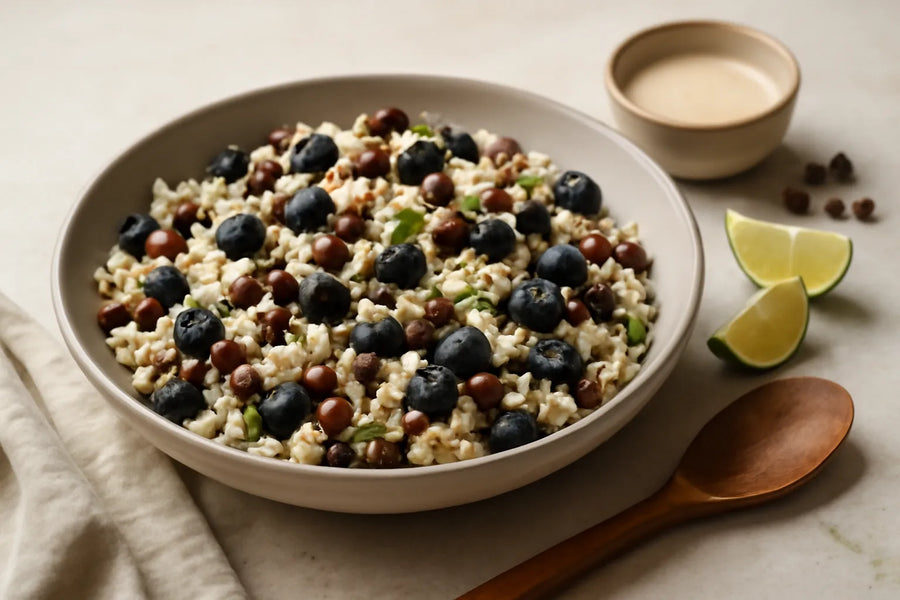 Ensalada de arroz integral con arándanos y judías aduki con aliño de tahini y lima
