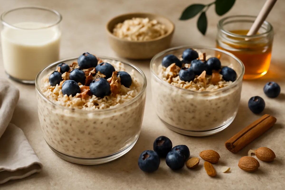 Overnight oats au kéfir, aux myrtilles et aux amandes