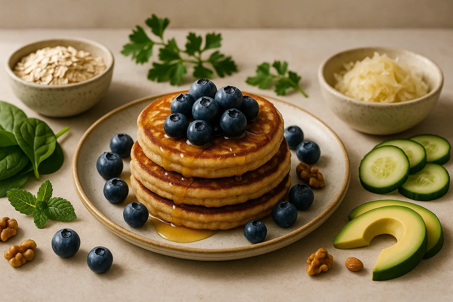 Blueberry Kefir Oat Pancakes