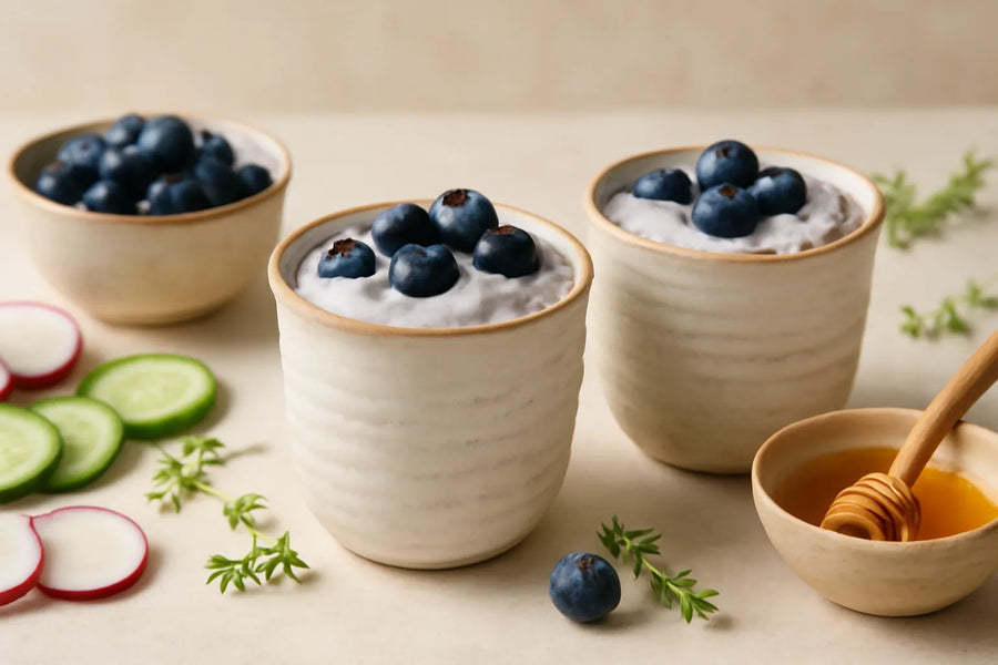Copas de pudín de kéfir con arándanos y fibra para la flora intestinal