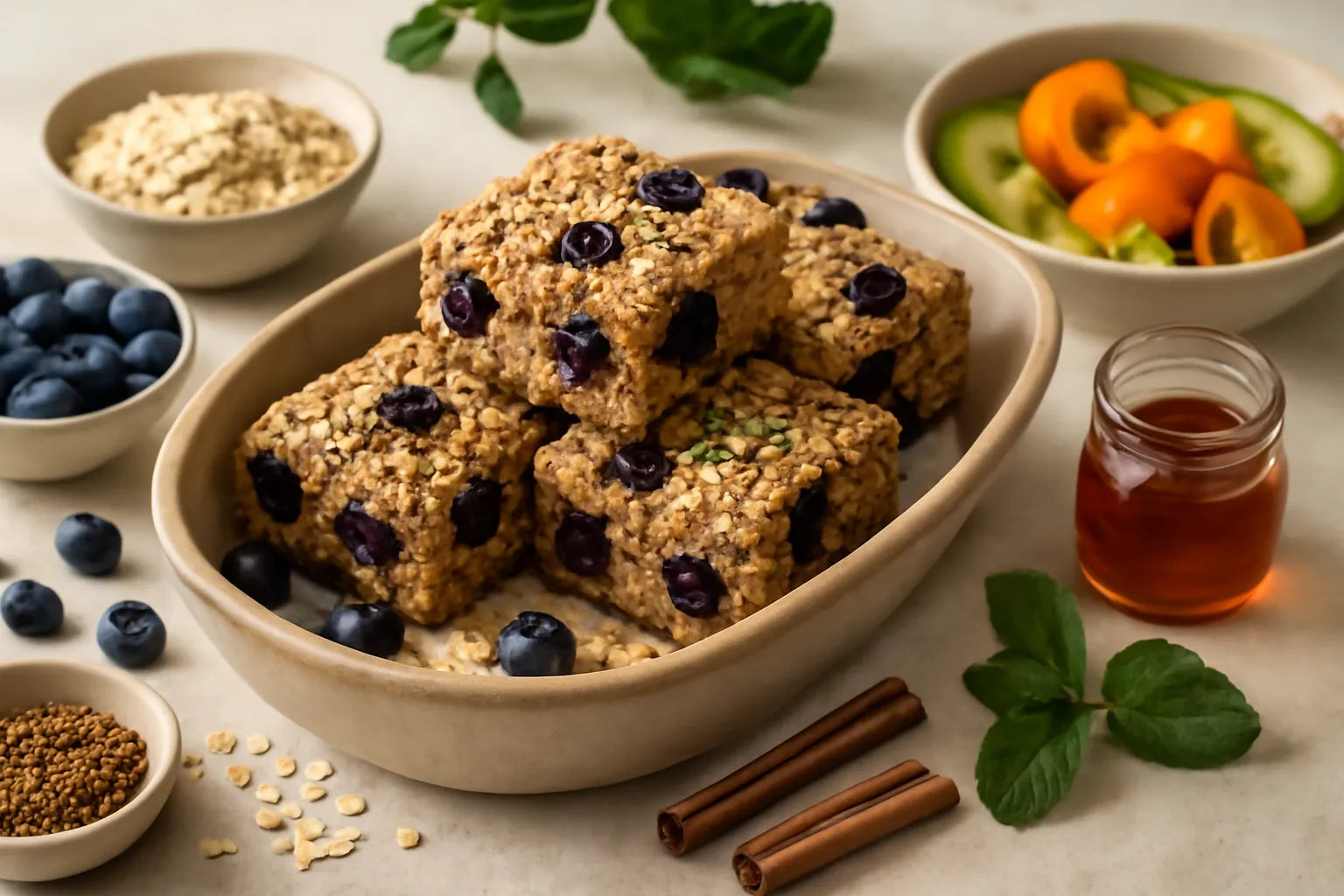 Cuadrados de avena y arándanos horneados con fibra para la salud intestinal